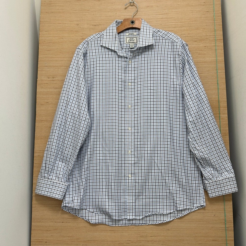 Jos A Bank 1905 Tailored Fit Non-Iron Dress Shirt Blue Check Mens 16.5 34